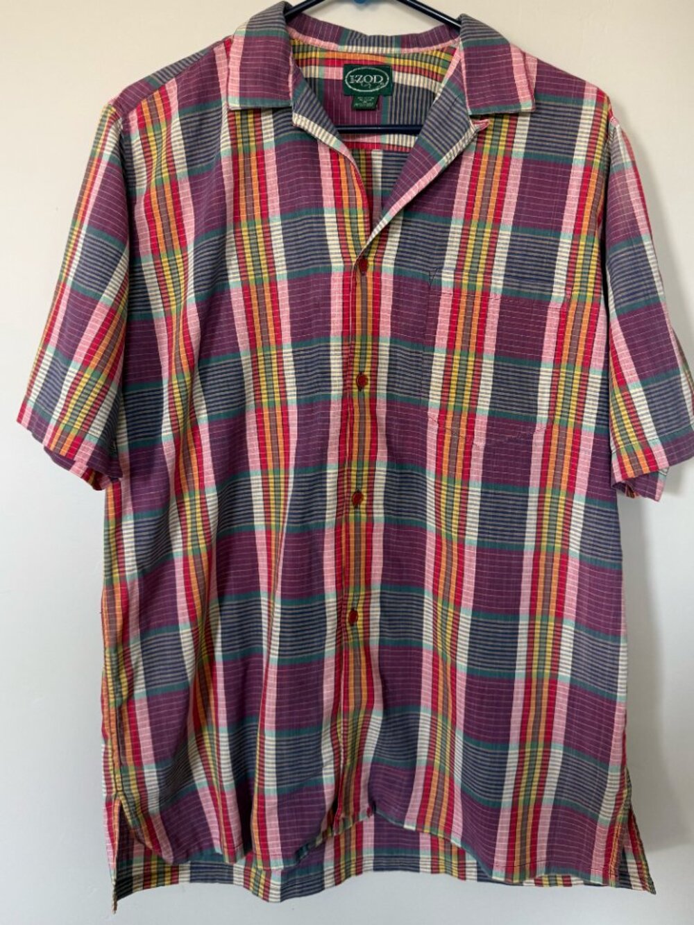 VTG 90s Izod Madras Plaid Short Sleeve Shirt - Mens Medium - Sunset Colors!